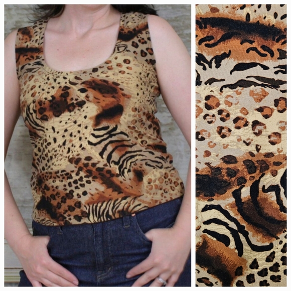 Vintage Tops - VTG Y2K Tank Top Animal Print Shell Blouse Brown Fitted 90s 1990s 2000s Vintage